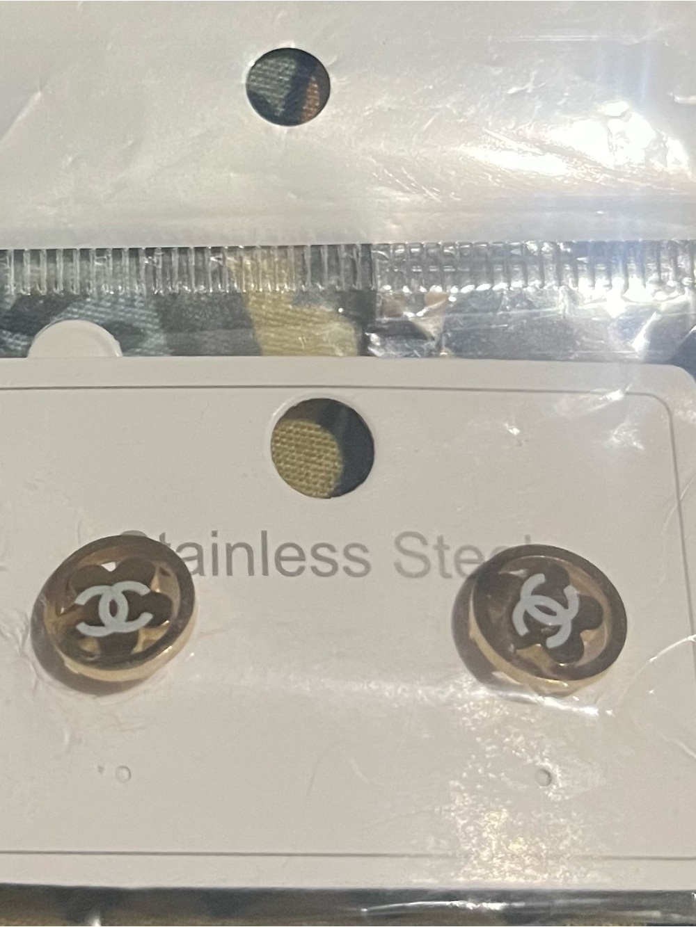 Gold and White Logo Round Stainless Steel Stud Earrings 14 k
